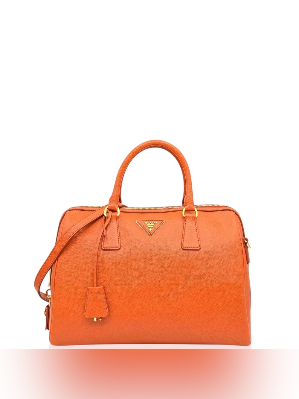 Prada Saffiano Lux Bowler Bag Papaya Orange Leather Top Handle Satchel